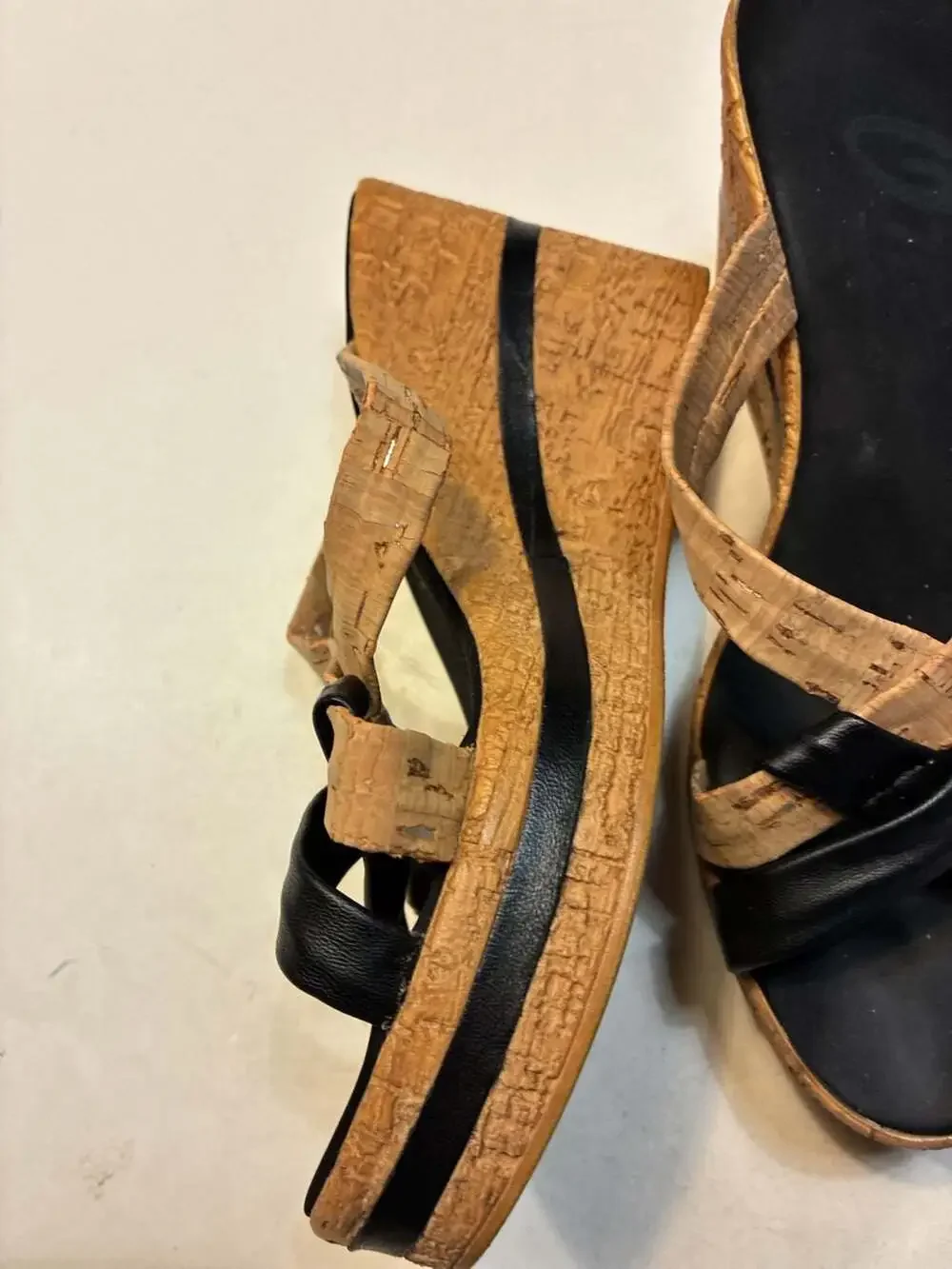 Onex Simona Black Leather and Cork Cross Band Wedge Sandals
